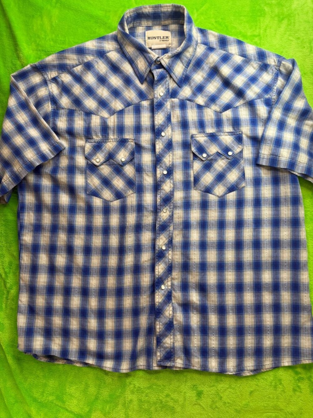 Rustler by Wrangler Pearl Snap Western Shirt XL Blue Plaid